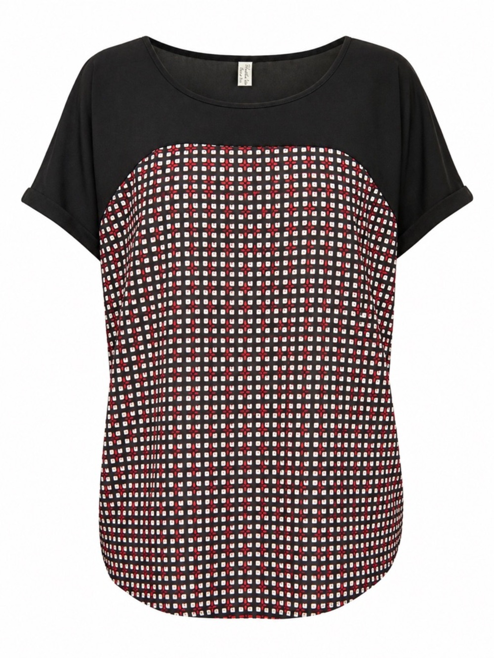 PerSeption Concept‎ Black Short Sleeve Top with Red & White Geo Panel